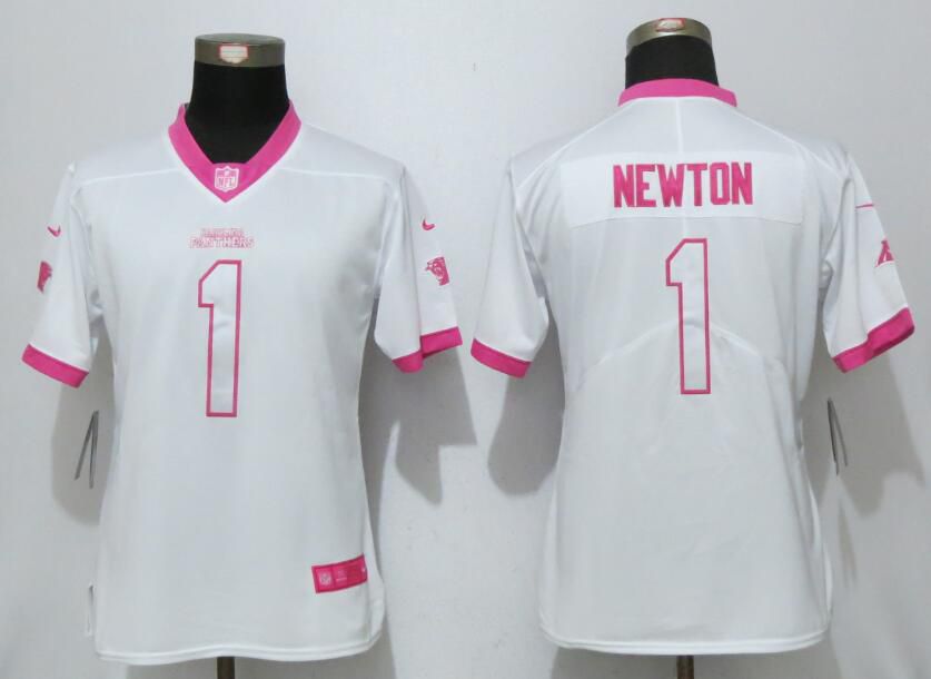 Women 2017 Carolina Panthers #1 Newton Matthews White Pink Stitched New Nike Elite Rush Fashion NFL Jersey